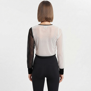 Top Corto de Malla para Mujer, Manga Larga, Cuello Redondo, Tejido Transparente, Transpirable, Color Sólido, Estilo Transparente - Product Image 2