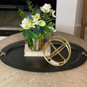 Black Oval Handmade <b>Serving</b> <b>Tray</b> <b>Gold</b> Handles Checkered Pattern Powder Coated Finish Ms Hussain International Restaurant Use - Product Image 6