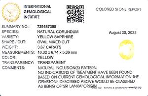 พลอยแซฟไฟร์สีเหลืองทรงรีธรรมชาติ 3.67 กะรัต สำหรับทำเครื่องประดับและแหวน YOIN-219 - Product Image 6