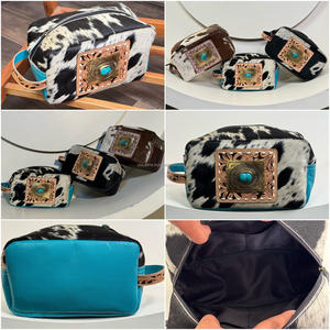 Large-Capacity Portable Genuine Cowhide Leather for <b>Toiletry</b> <b>Bag</b> Hand Tooled Turquoise Stone Accent <b>Women's</b> Cosmetic <b>Bags</b> Cases - Product Image 4