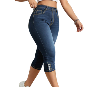 Women's Dark Blue <b>Denim</b> Capri Pants High Waist <b>Stretch</b> Skinny Fit Casual Breathable Quick Dry XL Knee-Length Button Hem Jeans - Product Image 5