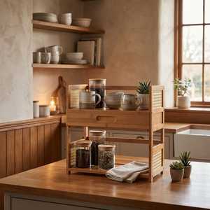 Wooden Double Tier <b>Storage</b> <b>Rack</b> With Drawer And Rattan Panels For <b>Kitchen</b> Countertop Organization Minimalist Style <b>storage</b> - Product Image 2