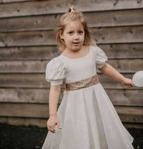 Luxury & Comfiest White Quarter Sleeves White Wedding Gown With Beautiful Pink Sash & Full Skirt Crafted From Soft Satin Fabric - Product Image 1