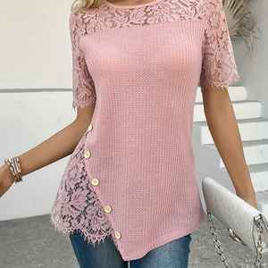 Túnica de punto gofrado asimétrica con encaje y patchwork para mujer - Product Image 5