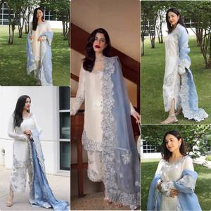Elegant White Silk Salwar Kameez With Blue Dupatta Embroidered Ankle-Length Women's <b>Wedding</b> Wear India Pakistan Regular Fit - Product Image 4