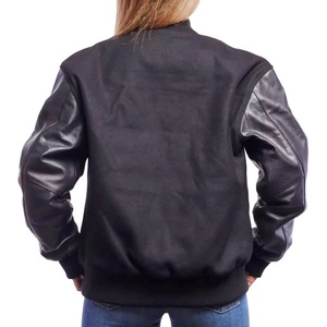 Women's Black Varsity Jacket Leather Sleeves V-neck Collar Full Sleeve Regular Length Solid Color Cotton Lining Raw Canvas - Product Image 4