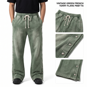 Men's Custom Acid Wash Cotton Baggy <b>Sweatpants</b> with Wide Legs & Side Buttons (<b>Wholesale</b>) - Product Image 5