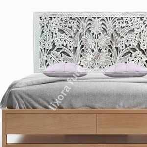 Luxury Handcrafted Solid Wood Bed <b>Frame</b> Ornate Tropical Leaf Floral Carving <b>Antique</b> White Wash Finish - Product Image 3
