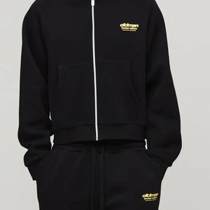 Conjunto Deportivo Unisex Oldman Negro, Sudadera con Cremallera Completa y Pantalones Deportivos, Color Sólido, Algodón, Ropa Casual de Otoño con Franja Lateral Amarilla - Product Image 3