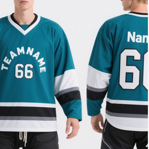 เสื้อฮอกกี้น้ำแข็งแบบกำหนดเอง คอวี แขนยาว ผ้าโพลีเอสเตอร์ 100% พิมพ์ลายแบบซับลิเมชั่น ชื่อทีม หมายเลข ระบายเหงื่อได้ดี ทรงปกติ - Product Image 1