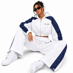 ONEAPEX <b>Women's</b> <b>White</b> Navy Hooded Windbreaker <b>Tracksuit</b> Quick Dry 100% Polyester Waterproof Zipper Jacket Full-Length Wide Leg - Product Image 6