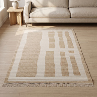 Moderner Handgewebter Jute-Teppich in Beige-Creme mit Geometrischem Anti-Rutsch-Muster, Flachgewebter Teppich mit Abstraktem Blockmuster und Fransen, Wohndekor