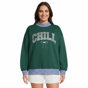 Sweat-shirt surdimensionné vert à imprimé pailleté « Mama » pour femme, col rond, bordure à carreaux, tenue décontractée d'automne, vente en gros - Product Image 2