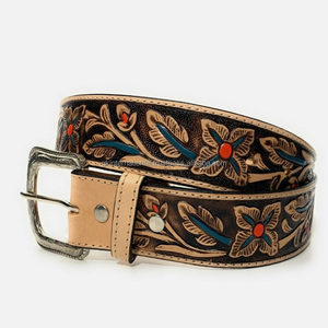 Cinturón de rodeo vaquero occidental Extra ancho en relieve floral cinturón de herramientas de cuero occidental genuino para unisex - Product Image 2