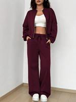 Kadın Bordo Fermuarlı Eşofman Takımı Günlük İki Parçalı Kapüşonlu Ceket Jogger Pantolon Yumuşak Polar Çevre Dostu Özelleştirilmiş Renk Yüksek Kalite