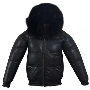 Men's Puffer Bomber <b>Sheepskin</b> Leather <b>Jacket</b> with Removable Raccoon Fur Collar & Hood - Product Image 1