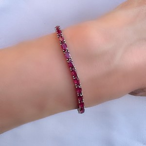 Genuine Ruby Oval Sterling Silver Tennis Bracelet Elegant Red Gemstone Jewelry July Birthstone <b>Gift</b> For Women - Product Image 1