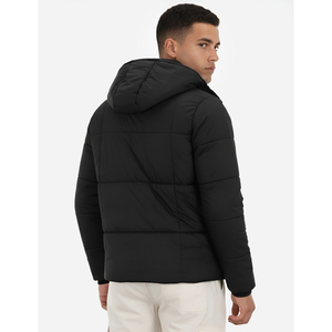 Men's Black Hooded Puffer Jacket With Zipper Closure Windproof Winter Casual <b>Coat</b> Polyester Filling Stand Collar Regular Fit - Product Image 2
