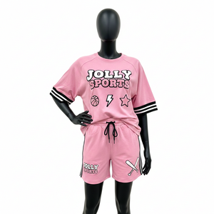 Ensemble short et t-shirt en jersey de coton rose 180 GSM pour femme, tissu doux et respirant, impression sérigraphique, logo personnalisé, 100% coton, crop top et short - Product Image 1