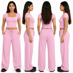 Ensemble de sport deux pièces pour femme : Haut athlétique ajusté à col carré et pantalon large décontracté avec cordon de serrage à la taille, personnalisable avec logo, tenue de sport - Product Image 4