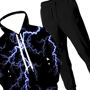 Conjunto Deportivo Sublimado con Estampado Eléctrico para Hombre, Sudadera con Capucha Negra y Pantalones, Ropa Deportiva Completa, Cómoda para Correr - Product Image 2