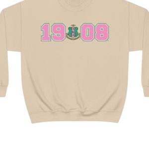 เสื้อสเวตเชิ้ตคอกลมสีเบจพิมพ์ลายกราฟิก 1908 สีชมพูและสีเขียว แขนยาว ผ้าฝ้ายฟลีซ เสื้อพูลโอเวอร์ลำลองสำหรับผู้หญิง เสื้อกันหนาว - Product Image 4