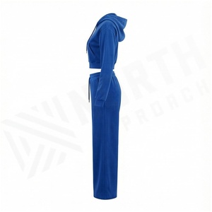 Ensemble survêtement décontracté 2 pièces pour femme : sweat à capuche bleu zippé et pantalon large, coupe ample, couleur unie, manches longues, idéal pour l'automne - Product Image 3