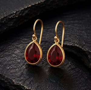 Pendientes Colgantes de Granate Rojo, Hechos a Mano, con Gema Facetada en Forma de Pera, Chapados en Oro, Joyería Artesanal - Product Image 1