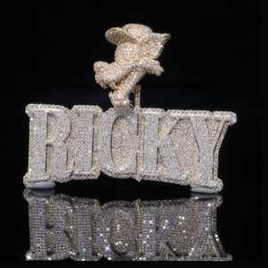 Pendentifs et breloques en argent sterling 925, bijoux fins, style Hip Hop, avec nom personnalisé Ricky et initiale en forme de visage d'animal, entièrement sertis de moissanite VVS - Product Image 1