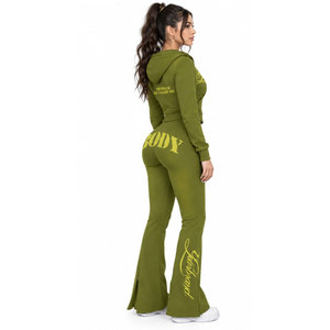Conjunto Deportivo con Capucha para Mujer, Color Verde Oliva, Marca Yourbrand, Manga Larga, Cierre Frontal con Cremallera, Estampado de Letras, Dobladillo Dividido, Estilo Urbano - Product Image 3