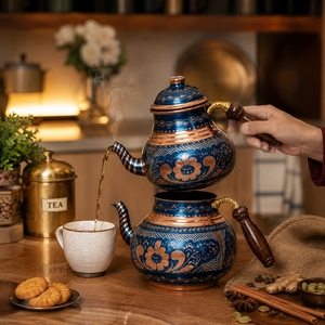 Handmade Turkish Copper <b>Tea</b> Pot <b>Set</b> Blue Enamel Painted Copper <b>Tea</b> Kettle Wooden Handle OEM ODM Wholesale Manufacturer - Product Image 4
