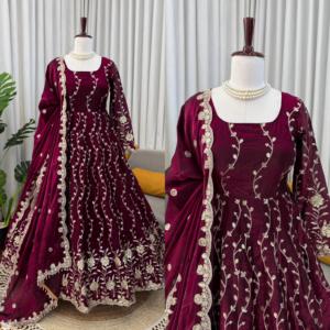 Robes Anarkali en soie Fendy, vêtements ethniques indiens, avec broderie de fils et de sequins, vêtements traditionnels indiens, robes de mariage et tenues de cérémonie. - Product Image 2