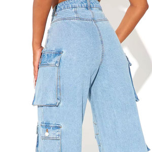 High Quality Women Cargo Denim Jeans Multi Pocket Design High Waisted Baggy Fit Light Blue Cotton Fabric Casual Utility Wear - Product Image 3
