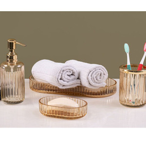 Premium Luxury Round Gradient Glass Bath Set Gold Pump Soap Dispenser <b>Toothbrush</b> <b>Holder</b> Soap Tray Tumbler Cup for Bathroom Use - Product Image 4