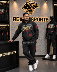 REXFITSPORTS <b>Men</b>’s <b>Black</b> Graphic Tracksuit Set Full Zip Hoodie Jogger Pants Cotton Polyester <b>Fleece</b> Custom Streetwear Sportswear - Product Image 2