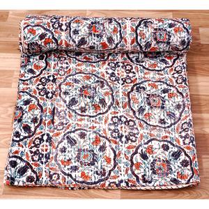 Couvre-lit Kantha indien fait main, 100% coton, imprimé à la main, motif floral, poids du tissu 220g, origine Rajasthan - Product Image 4