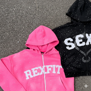 Sweat-shirts à capuche unisexes à fermeture éclair de haute qualité, style streetwear, surdimensionnés, entièrement ornés de strass, broderie personnalisée effet vieilli, best-sellers - Product Image 6