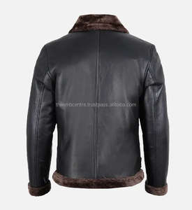 Chaqueta de cuero de bombardero de piel de oveja negra hecha a medida para hombre al mejor precio, chaqueta de cuero con cuello levantado a la moda para hombre - Product Image 2