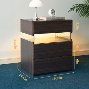 <b>Walnut</b> LED Nightstands 3-Drawer Dresser with Acrylic Board Bedside <b>Tables</b> for Bedroom End <b>Table</b> - Product Image 2