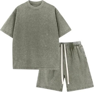 Ensemble de sport décontracté d'été pour homme, t-shirt à manches courtes et short, ensemble deux pièces tendance, haute qualité, lavage à l'acide, 100% coton - Product Image 6