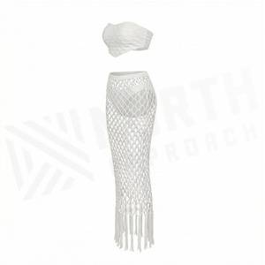 White Crocheted 2 Piece <b>Set</b> Bandeau Top With Hollow Out <b>Skirt</b> Tassel Detail Women's <b>Bikini</b> Beachwear - Product Image 3
