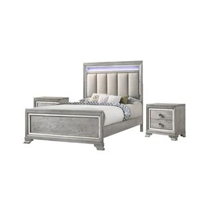 Juego de dormitorio moderno de 3 piezas tamaño Queen con iluminación LED integrada, mesita de noche, cabecero tapizado con acabado gris suave y madera maciza. - Product Image 1