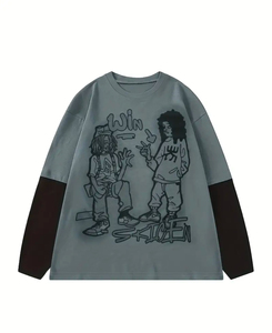 เสื้อยืดโอเวอร์ไซส์ลายกราฟิกสำหรับผู้ชาย แขนยาว สไตล์สตรีทแวร์ พิมพ์ลายการ์ตูน ผ้าฝ้ายลำลอง สไตล์คนเมือง - Product Image 1