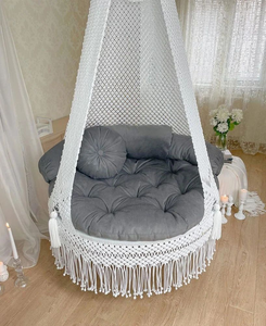 Fauteuil suspendu en macramé blanc avec coussin gris, décoration bohème pour chambre à coucher, balançoire suspendue à baldaquin circulaire pour intérieur, extérieur et jardin - Product Image 5