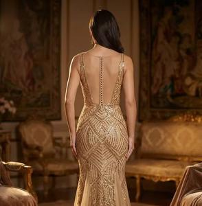 Vestido de Noche Dorado Estilo Art Deco con Lentejuelas, Corte Sirena, Cuello en V, Sin Mangas, Patrón Geométrico, Vestido de Gala de Lujo para Mujer - Product Image 2