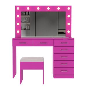Large Lighted 12 LED <b>Mirror</b> <b>Makeup</b> Vanity Desk Set with 7 Drawers Glass Top Dressing Vanity Table with Power Outlet - Product Image 4
