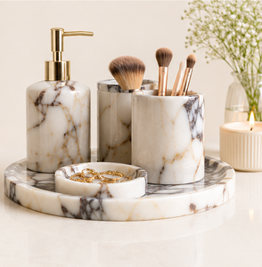Ensemble d'accessoires de salle de bain en marbre de qualité supérieure, 4 pièces, en pierre naturelle, fabriqué à la main, distributeur de savon liquide, porte-brosse à dents, plateau pour la maison - Product Image 4