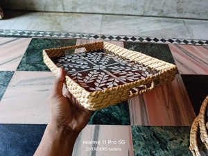 Premium Quality Round Rattan Tray with Mother of Pearl Inlay Artistic Design Perfect for Serving and Gifting from India - Product Image 4