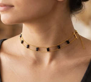 Collier ras du cou en onyx noir naturel plaqué or 18 carats |   Pierres précieuses certifiées naturelles - Product Image 1