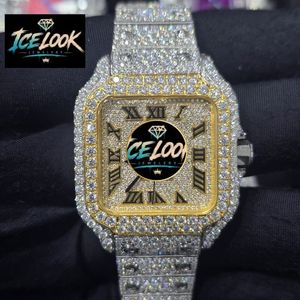 Montre mécanique Ice Look à cadran carré, lunette en cristal, ton or, chiffres romains, bracelet, idéale pour un cadeau et un style élégant - Product Image 1